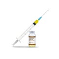 Immunization, Polio Vaccine Syringe With Yellow Vaccine, Vial Of Medicine Isolated On A White Background. Vector Royalty Free Stock Photo