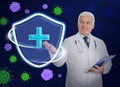 Immunologist and shield with cross as symbol of virus protection on blue background