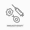 Immunotherapy flat line icon. Vector outline illustration of syringe and immunoglobulin. Black thin linear pictogram for