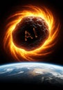 Impact of artificial intelligence a fiery asteroid threatening planet earth innovation concept Royalty Free Stock Photo
