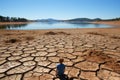 The impact of climate change through a concept of drought. Lone child sitting on a drying river bank.