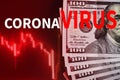 Impact of coronavirus COVID-19 on global economy, financial crisis. USD dollar bills with market price charts and inscription