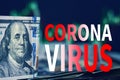 Impact of coronavirus COVID-19 on global economy, financial crisis. USD dollar bills with market price charts and inscription