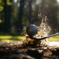 impact golf ball after a hit with the golf club causes waster and dirt spikes in a puddle which symbolizes speed,