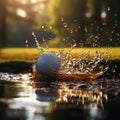 impact golf ball after a hit with the golf club causes waster and dirt spikes in a puddle which symbolizes speed,