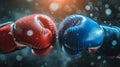 Impact moment between red and blue boxing gloves, dynamic moment. Concept of competition, opposing forces, and the