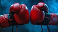 Impact moment between two boxing gloves. Fist bump. Dark background. Concept of competition, opposing forces, training Royalty Free Stock Photo