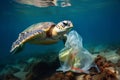 Impact of plastic pollution on sea turtles and ocean animal life. Environmental crisis. Plastic bag pollution in the ocean. Saving