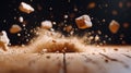 Impact of rocks on a wooden surface, creating a powerful explosion of debris and dust Royalty Free Stock Photo