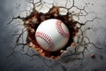 Impactful baseball scene Ball smashing through a wall with cracks