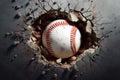 Impactful baseball scene Ball smashing through a wall with cracks
