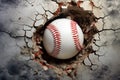 Impactful baseball scene Ball smashing through a wall with cracks