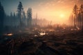 An impactful image showcasing the devastating effects of pollution on a forest landscape, with dead trees and smog-filled air.