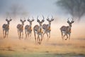 impala herd moving through mist at dawn