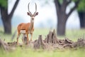 impala standing by termite mound, scanning for predators