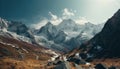 high snow-capped mountain peaks. valley covered with rocks Royalty Free Stock Photo