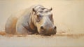 Impasto Minimalistic Zen Painting Of Hippopotamus On Soft Beige Background