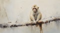 Impasto Minimalistic Zen Painting Of Monkey On Soft Beige Background