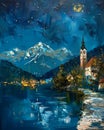 Impasto Oil Painting of Bled Lake and Castle Depicting a Lakefront Town at Night in Spring