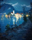 Impasto oil painting on canvas of Bled Lake and castle at night in spring with a bench by the lake