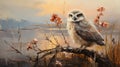 Impasto Oil Painting Of Owl On Branch By Ismail Inceoglu