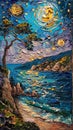 Impasto, starry sky and sea, a singular of texture and depth, capturing the ethereal beauty and mystique of celestial
