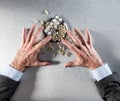 Impatient businessman hands touching medicine pills for management health