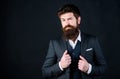 Impeccable style. Businessman fashionable outfit black background. Man bearded guy wear suit outfit. Perfect elegant