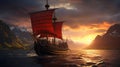 Impeccably Detailed Viking Ship Embarking through a Norwegian Fjord. Captured in National Geographic Style. Generative AI