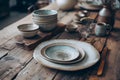 Imperfect plates with flaws on a wooden table Royalty Free Stock Photo