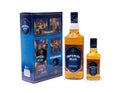 Big and small Imperial Blue whisky bottles with box isolated on a white background