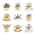 Imperial Crowns emblems set. Heraldic Coat of Arms, vintage vector logos collection.