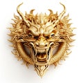 Imperial Majesty: Gold Chinese Dragon Face Isolated on White Background. Generative ai