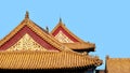 The Imperial Palace in Beijing Forbidden City. curved roofs with gold patterns in traditional Chinese style with ceramic figures Royalty Free Stock Photo