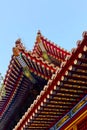 The Imperial Palace in Beijing Forbidden City. curved roofs in traditional Chinese style with figures Royalty Free Stock Photo