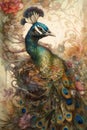 Imperial peacock watercolor pencil bird: a highly illustrated shawl in warm, soft, subdued colors