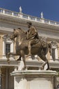 Imperial Roman Equestrian Statue of Marcus Aurelius in front of the Senatorio Palace in the Piazza del Campidoglio at the top of