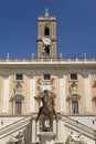 Imperial Roman Equestrian Statue of Marcus Aurelius in front of the Senatorio Palace in the Piazza del Campidoglio at the top of Royalty Free Stock Photo