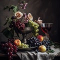 Imperial still life, featuring a glass of red wine, a bounty of fresh fruit, and a classic vase overflowing with flowers Royalty Free Stock Photo