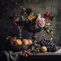 Imperial still life, featuring a glass of red wine, a bounty of fresh fruit, and a classic vase overflowing with flowers Royalty Free Stock Photo