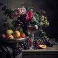 Imperial still life, featuring a glass of red wine, a bounty of fresh fruit, and a classic vase overflowing with flowers Royalty Free Stock Photo