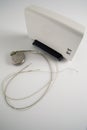 An Implantable Cardioverter Defibrillator or ICD pacemaker with leads and modem for telemonitoring at home. The device sends data