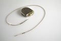 An Implantable Cardioverter Defibrillator or ICD pacemaker with leads. This is placed in the chest to prevent suddent death when