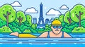 imple line art minimalist collage illustration with professional athlete performing speed swimming in the pool and Eiffel Tower in