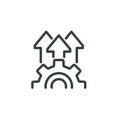 Implement process optimize, tech efficient production, innovation industrial technology outline icon. Line sign gear and