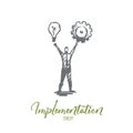 Implementation, man, idea, business, cogwheel concept. Hand drawn isolated vector.