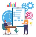 Implementing business solutions, clipboard with completed assignments, businessmen communicating