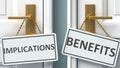 Implications or benefits as a choice in life - pictured as words Implications, benefits on doors to show that Implications and