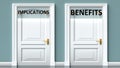 Implications and benefits as a choice - pictured as words Implications, benefits on doors to show that Implications and benefits