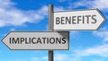 Implications and benefits as a choice, pictured as words Implications, benefits on road signs to show that when a person makes